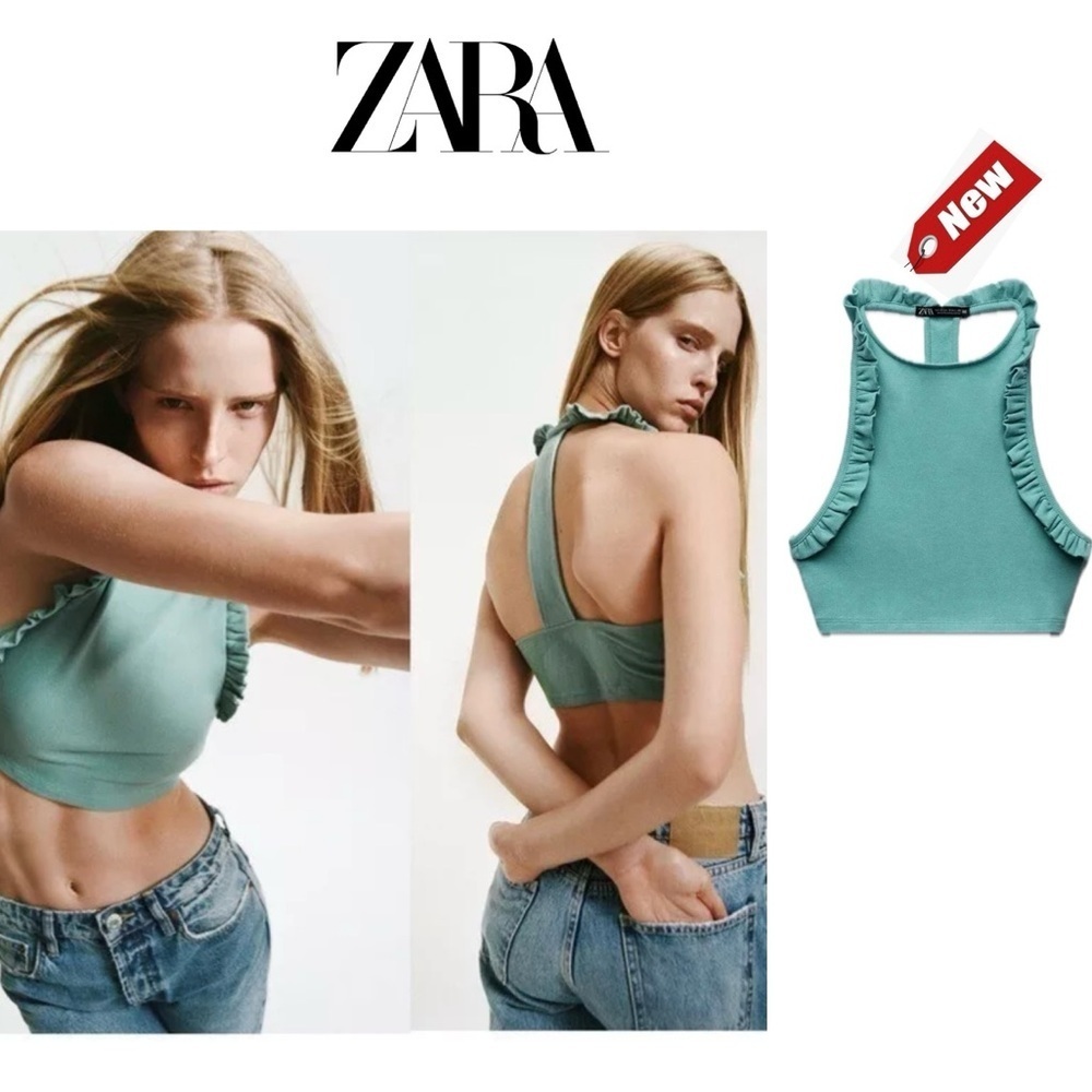 NWT WOMEN ZARA CROP RUFFLES HALTER TOP RIBBED BLOGGERS FAV BLUE / GREEN TEAL XL